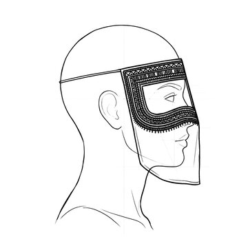 Hand drawn sketch of niqab with heavy eye-level embroidery profile right.