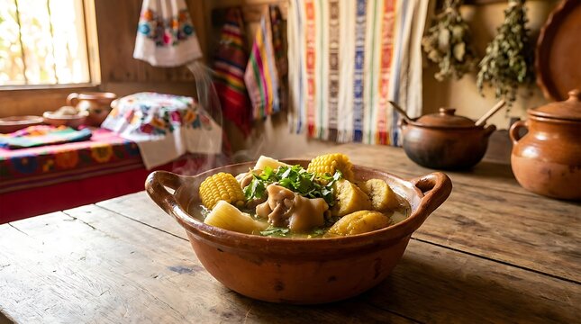 Traditional clay bowl of sopa de pata served in rustic kitchen with vintage decor
