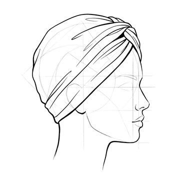 Hand drawn sketch of modern front knot turban profile right.