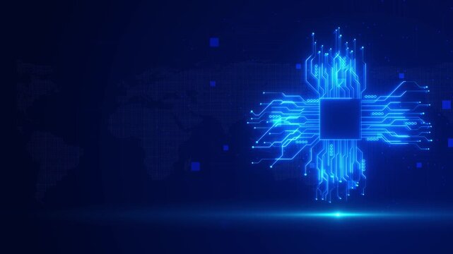 Central processor radiates electronic connections global map background. AI hardware, cloud systems, enterprise infrastructure, computing, semiconductor technology automation worldwide data services.