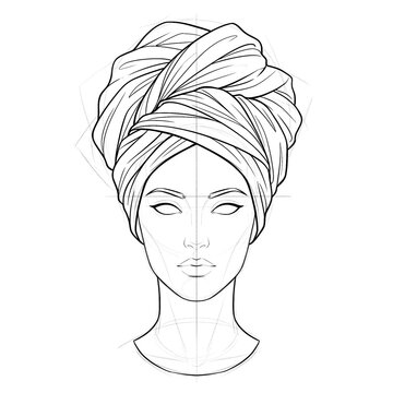 Hand drawn sketch of high volume modern turban on dummy head.