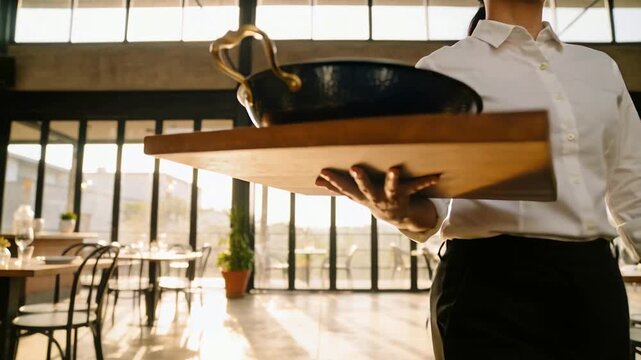 Walking server carrying board with skillet toward lens in sunlit cafe, placing dish in white shirt