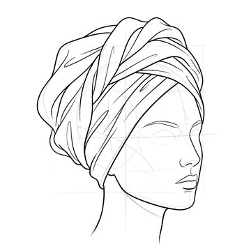 Hand drawn sketch of high volume modern turban three quarter right.
