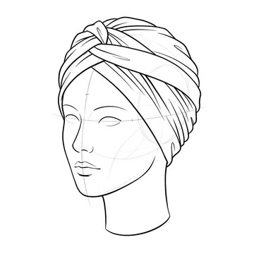 Hand drawn sketch of multi-layered modern turban three quarter left.