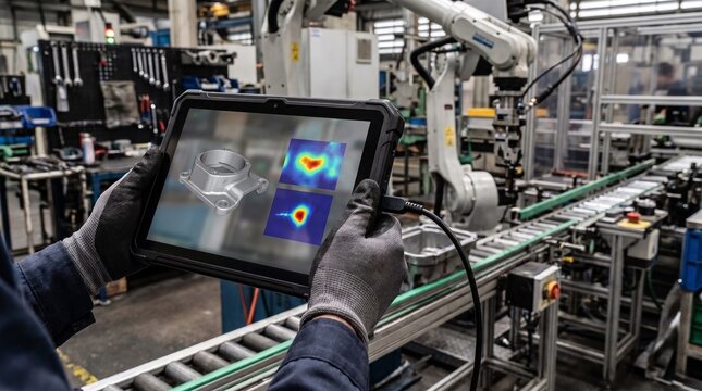 Factory worker using a rugged digital tablet for industrial quality inspection and monitoring automated robotic machinery on a manufacturing assembly line   