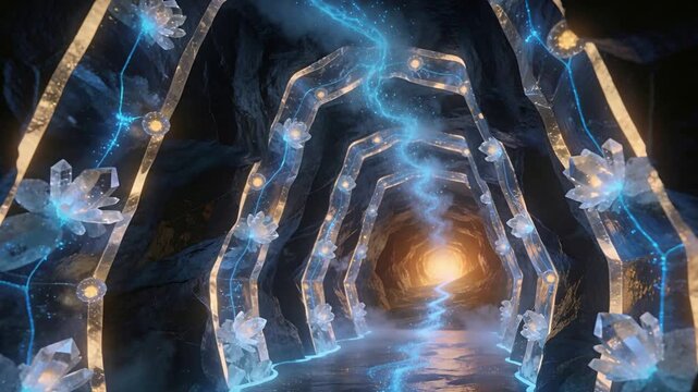 Pulsing blue ribbon guiding crystal arches toward gold portal in cavern, with spiraling column