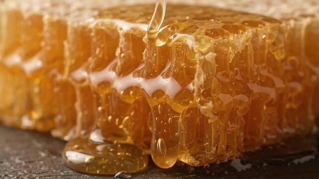 Golden honey dripping down textured hexagonal honeycomb walls in this smooth flowing cinematic 3D digital motion animation video clip