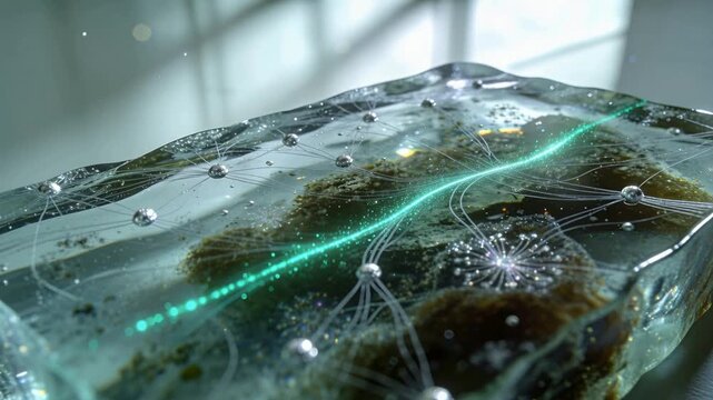 Dotted teal trail moving across slab from left window, lighting brown flecks threads silver orbs