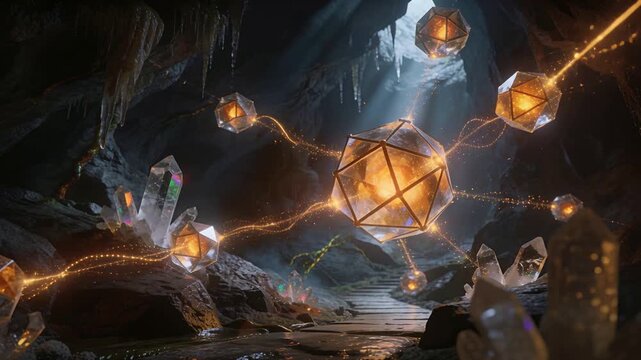 Pulsing faceted orb rotating in cavern chamber, taking energy pulses from crystals along filaments