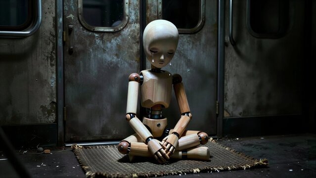 Wooden robot sits alone, tears falling from sad face on rusty train platform.