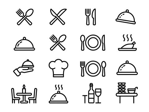 Restaurant and catering services vector line icon set featuring cutlery forks knives spoons plates chef hat cloches and dining tables
