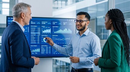 Fototapeta premium Business meeting with diverse team analyzing data on a large screen