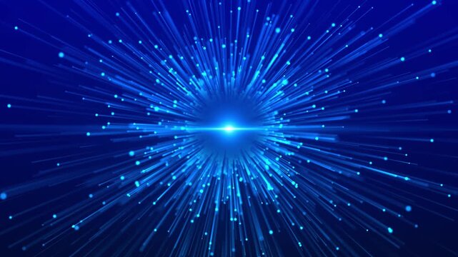 Radiant blue streaks race outward bright central point, immersive speed effect. optical , rapid transmission, technology intros, science visuals, energy sequences, travel futuristic transitions.