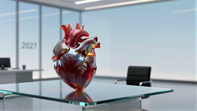 Glass heart on table in modern office, year 2027 displayed prominently.