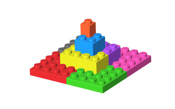 Tower made with realistic colored Lego plastic constructor parts isolated on transparent background. 3D rendered editorial vector PNG