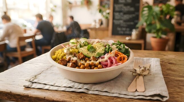 Fresh Healthy Grain Bowl with Colorful Vegetables and Chickpeas in Cozy Caf&eacute;