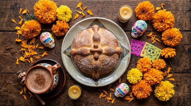 Day of the Dead: Top-down flat lay of traditional Pan de Muerto bread on a rustic dark wooden surface, surrounded by vibrant marigolds and a ceramic mug of Mexican hot chocolate