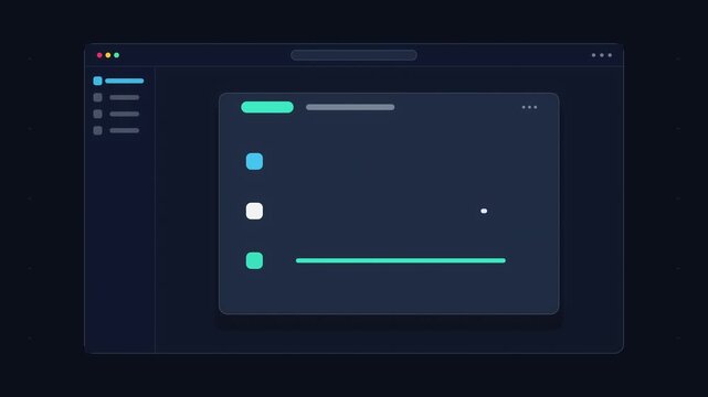 Animated digital interface displaying file system navigation and progress bars, dark mode UI
