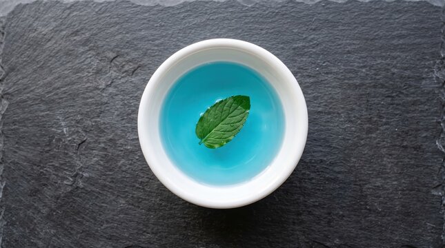 Top view of a white ceramic cup filled with vibrant blue tea and a single fresh mint leaf floating on the surface, placed on a dark grey slate background, representing healthy refreshing beverages.