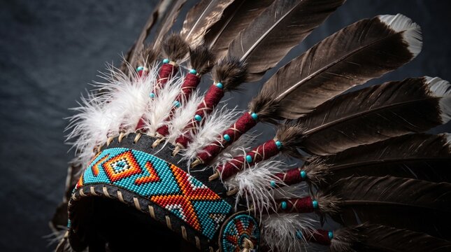 an Authentic Native American Eagle Feather Headdress with Intricate Traditional Beadwork and Soft Texture Detail