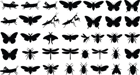 Fototapeta premium Collection of insect silhouettes featuring butterflies, bees, dragonflies, and beetles on white background