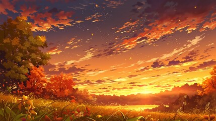 Obraz premium 紅葉の木々と燃えるような夕焼け空の秋の風景