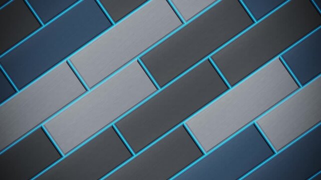 Abstract metallic tiles background with glowing neon blue seams seamless loop