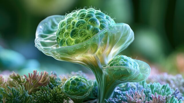 Lush Green Organic Structure in Microcosmic Environment with Intricate Textures and Fluid Forms