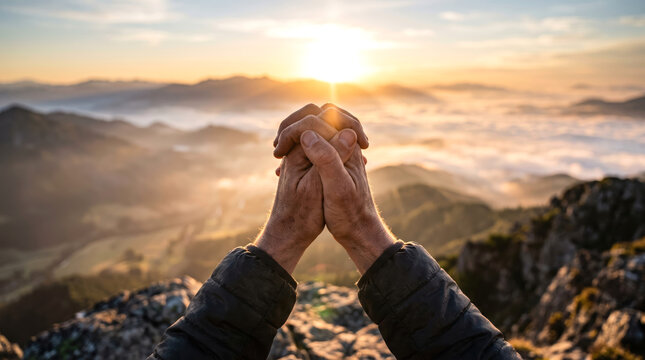 Clasping Hands Praying on Mountain Peak During Sunrise View