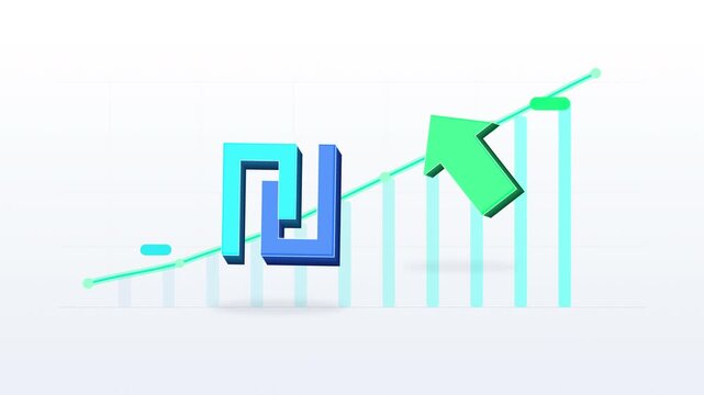 Israeli shekel symbol rising on financial chart with green arrow indicating growth, economic progress