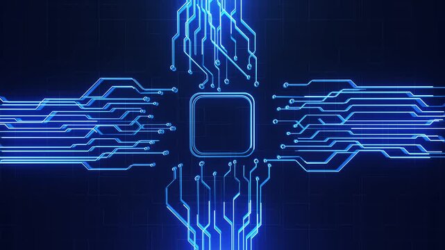 Central processor layout circuit lines strong digital infrastructure computing. artificial intelligence, semiconductors, cloud systems, data networks, cybersecurity modern electronic technology