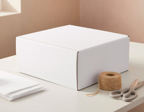Minimal packaging scene with a plain gift box, a roll of wrapping paper, decorative ribbon and natural twine arranged on a neutral surface. Clean commercial composition featuring gift wrapping supplie