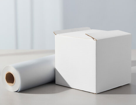 Minimal packaging scene with a plain gift box, a roll of wrapping paper, decorative ribbon and natural twine arranged on a neutral surface. Clean commercial composition featuring gift wrapping supplie