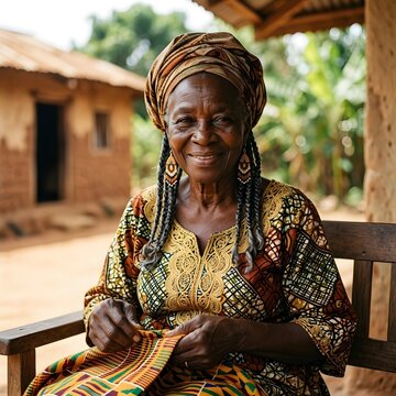Retrato de una anciana africana sonriente con traje tradicional y pa&ntilde;uelo en la cabeza sentada en una aldea rural