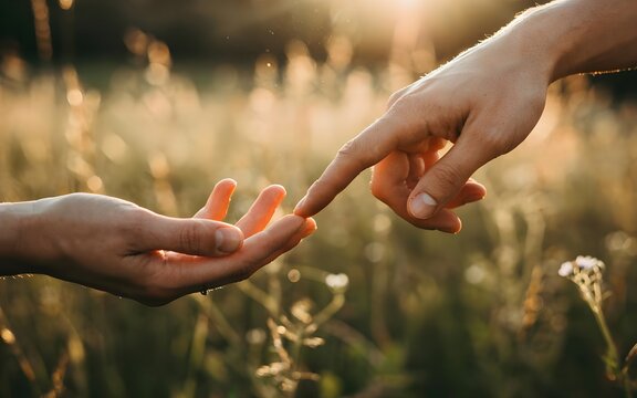 Dos manos alcanz&aacute;ndose y toc&aacute;ndose con delicadeza en un prado verde durante el atardecer con luz dorada