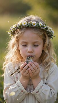 Ni&ntilde;a rubia con corona de margaritas sosteniendo y cuidando tiernamente a un pajarito en las manos al aire libre