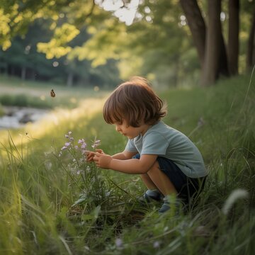 Adorable ni&ntilde;o peque&ntilde;o en cuclillas explorando flores y naturaleza en un prado verde durante el atardecer