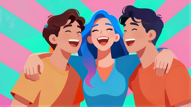 Three friends laugh joyfully, arms around each other against a vibrant striped background.