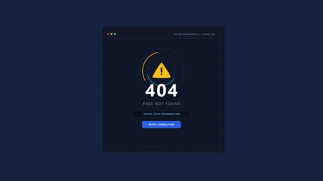 404 error page animation with pixelated warning symbol and glitch effect on dark background, digital connection lost