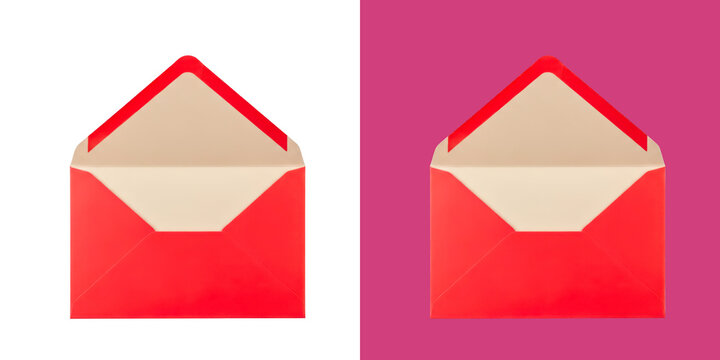 Open red paper envelope on split white and pink background transparent png
