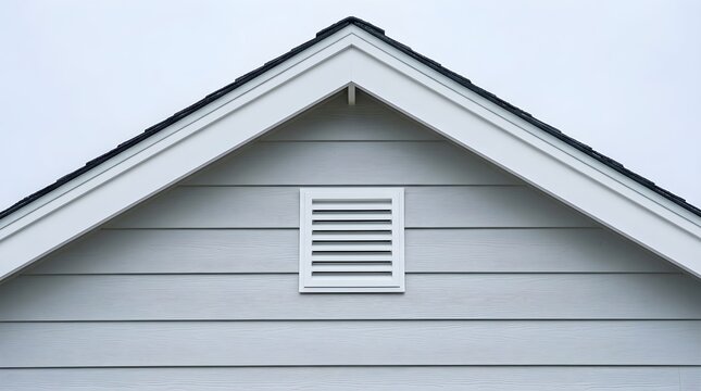 Close-Up Of A White Gable Vent On A Light Gray Siding House Exterior