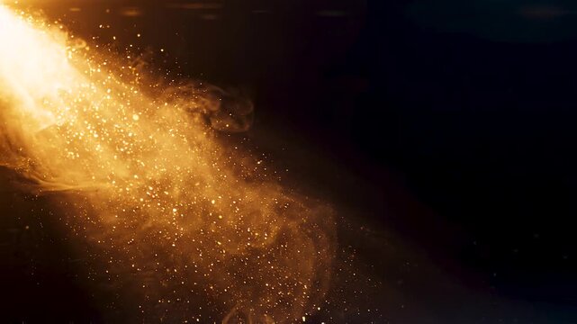 Cosmic energy and celestial motion concept glowing golden light trail with sparkling particles moving through dark space.