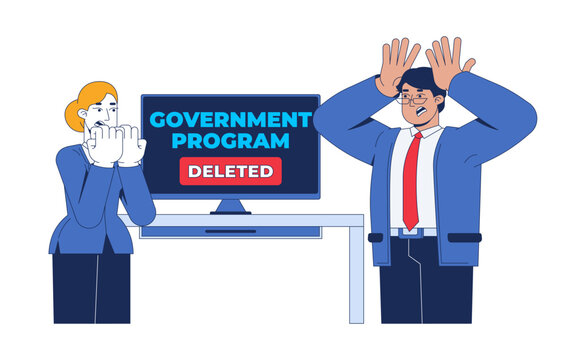 Danger for government programs 2D illustration concept. Cyber sabotage. Ransomware attack. Panicked officials react to deletion notification cartoon characters isolated on white. Flat vector metaphor