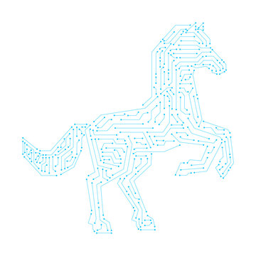 Circuit board trojan horse virus 2D illustration concept. Hidden malware. Malicious software. Computer threat. Deceptive cyber intrusion cartoon idea isolated on white. Flat vector creative metaphor
