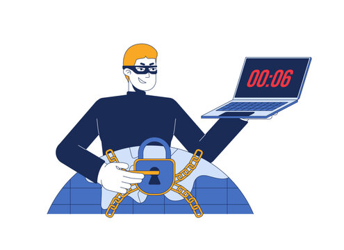 Foreign hacker breaking through cybersecurity defenses 2D illustration concept. Masked cybercriminal holds laptop while unlocking chained digital infrastructure cartoon character. Flat vector metaphor