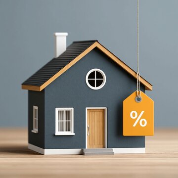 Modern miniature house with a discount tag, affordable property purchase and housing opportunity concept, clean studio background, premium 3D render