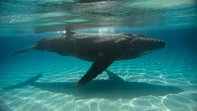 Humpback whale swimming slowly in clear turquoise water over a sandy seabed, casting a distinct shadow.
