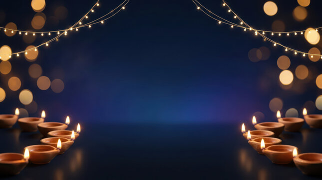 Diwali banner background with clusters of lit diyas in the bottom corners, golden bokeh circles and string lights on a deep navy blue backdrop with large empty copy space in the center