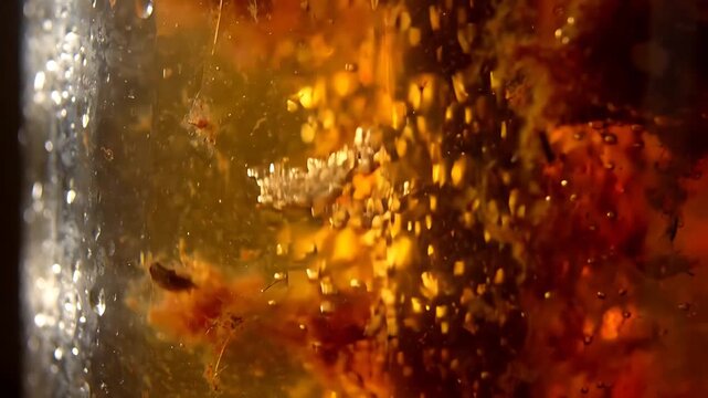 Active Fermentation Bubbles Rising Through Amber Liquid in Glass Vessel