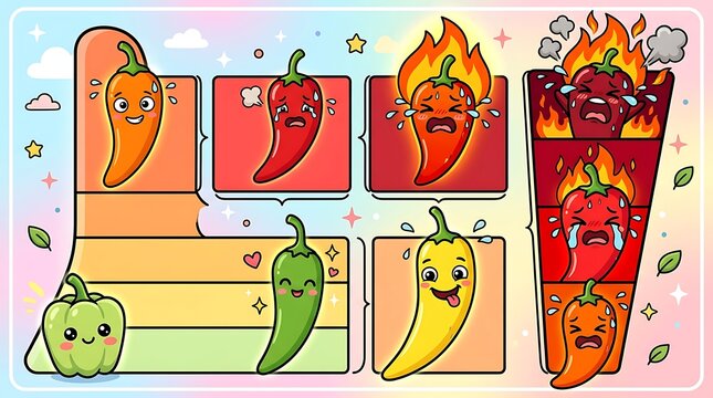 Cute cartoon chili peppers chart showing Scoville heat units scale from bell pepper to Carolina Reaper with funny faces